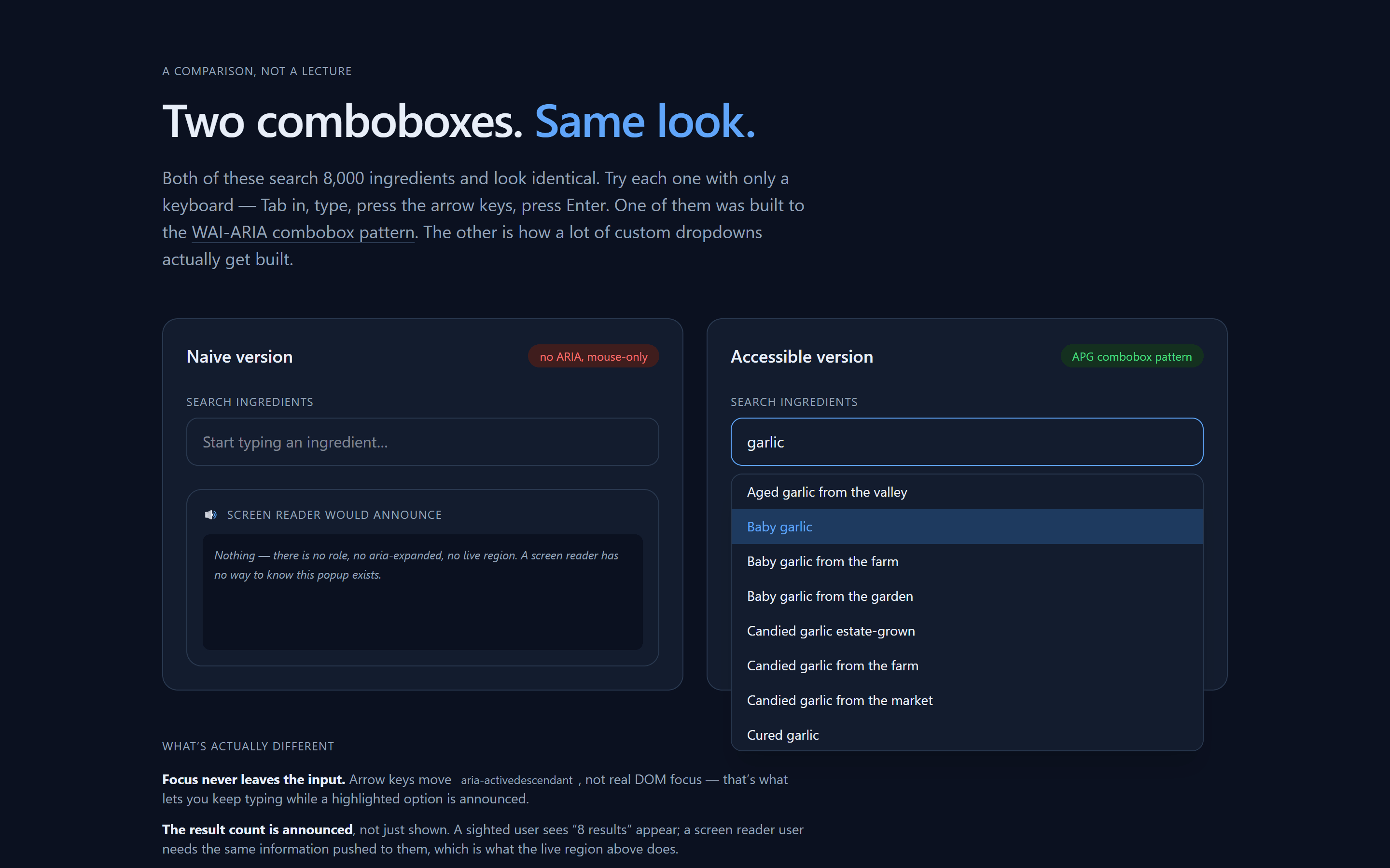 Accessible Combobox — a real comparison screenshot