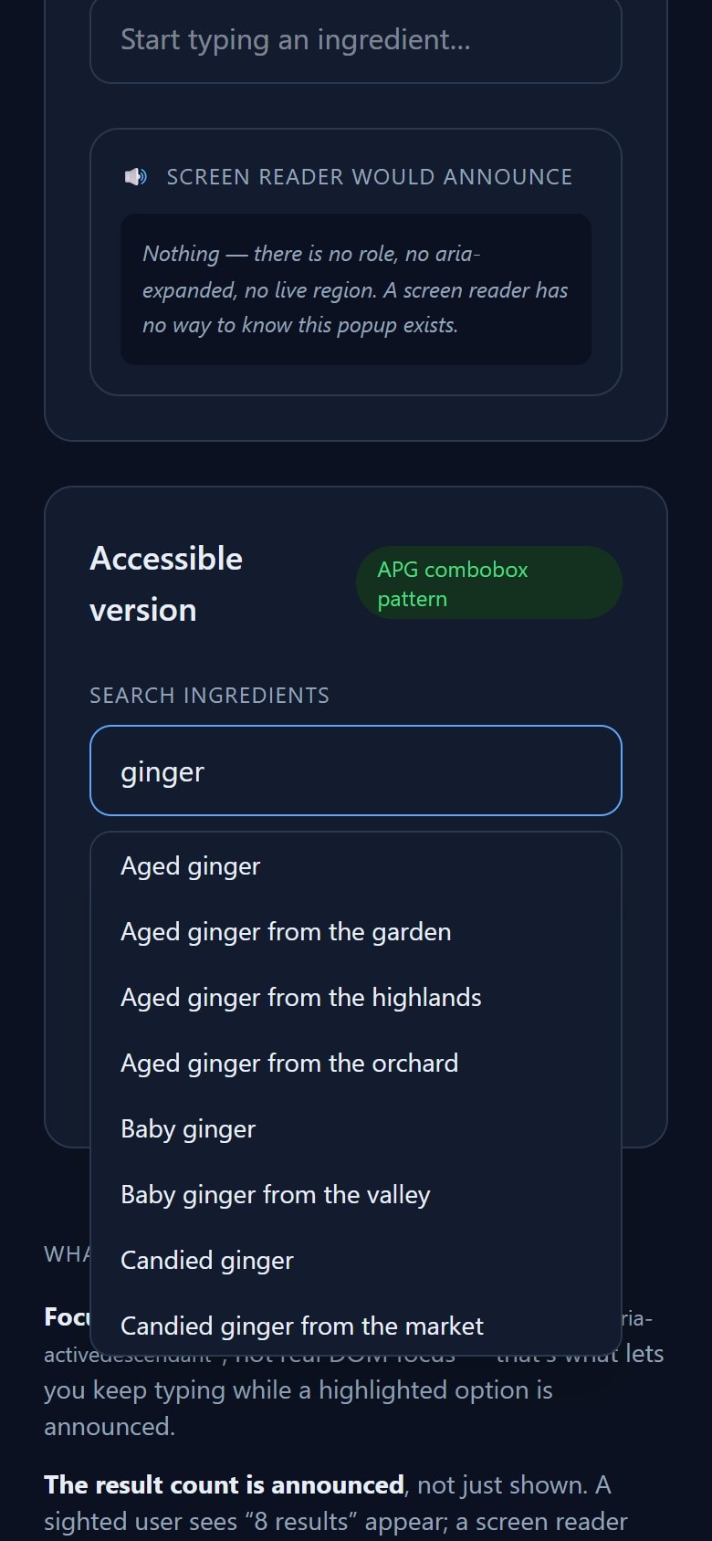 The accessible combobox open on a phone