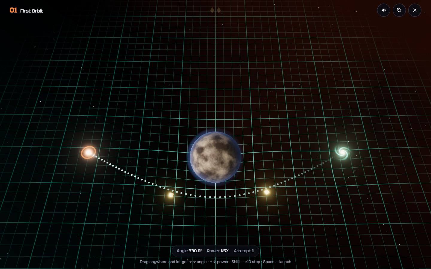 Level 1 with the aim set: the dotted hint bends round the moon through both shards towards the vortex