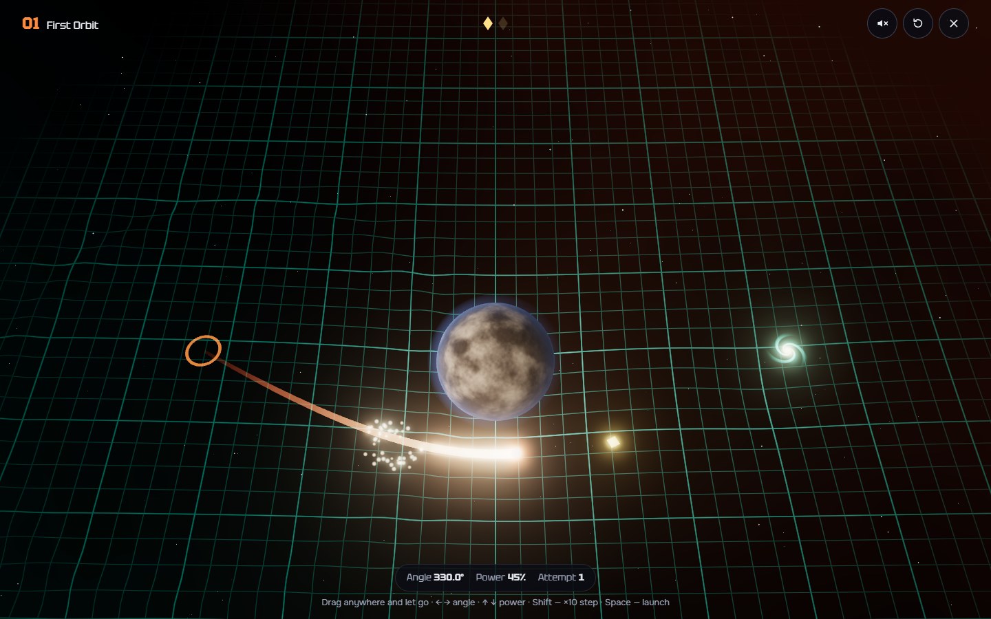 The probe in flight, trailing light, with sparks from a picked-up shard