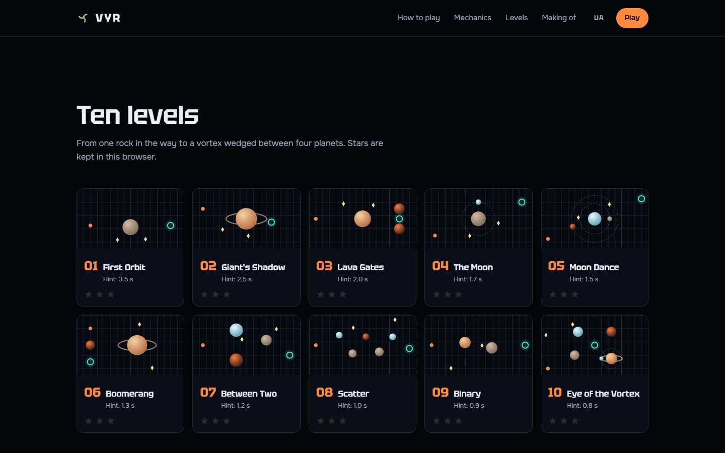 Ten level cards, each with a map drawn from the level data